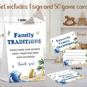 Baby Shower Games Family Traditions Sign, 1 Standing Sign and 50 Cards, Summer Surf Beach Gender Neutral Decoration, Gender Reveal Party, Bridal Shower Favor Supplies-LT22