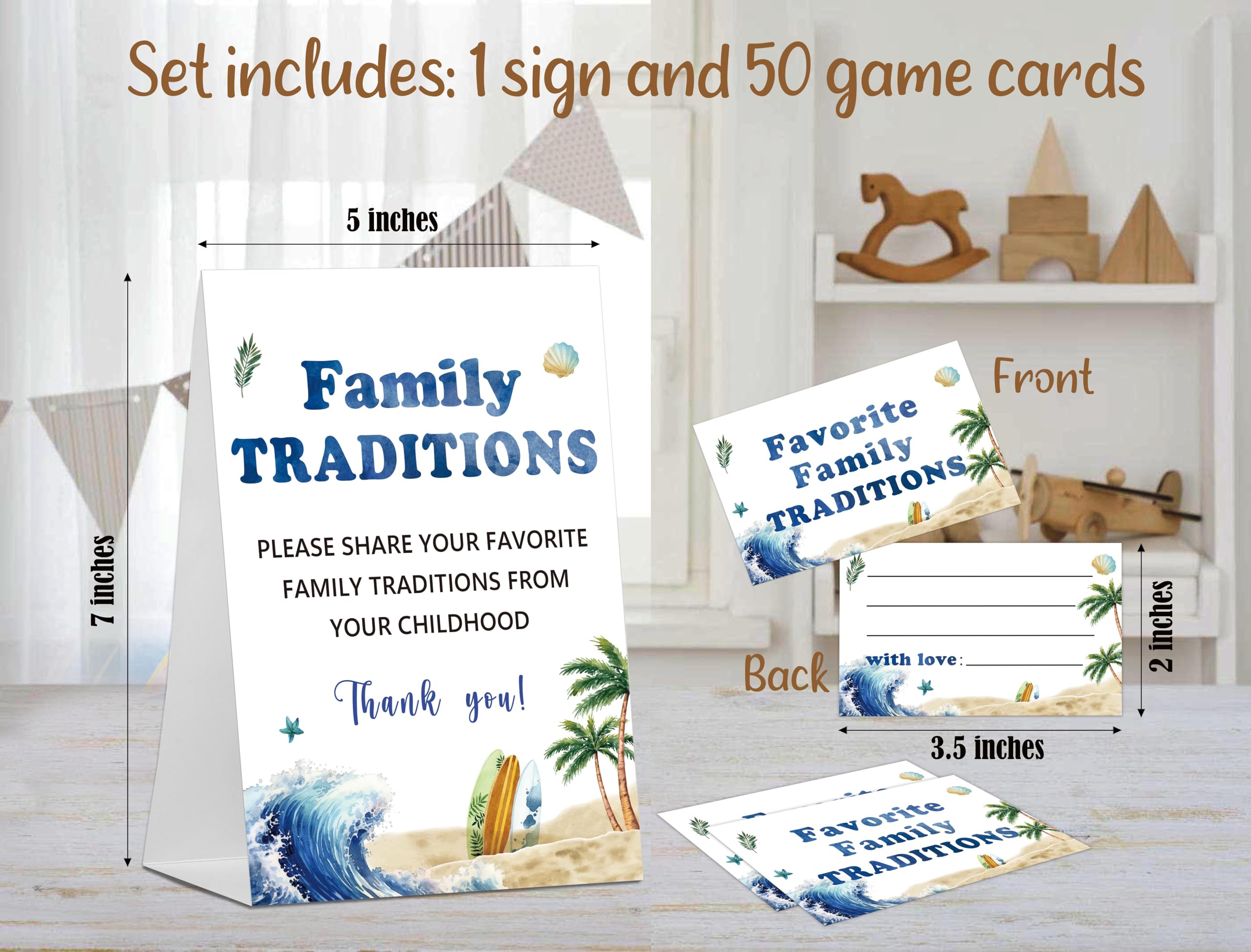 Baby Shower Games Family Traditions Sign, 1 Standing Sign and 50 Cards, Summer Surf Beach Gender Neutral Decoration, Gender Reveal Party, Bridal Shower Favor Supplies-LT22