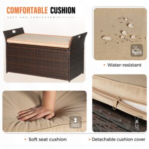 CrownLand 80 Gallon Outdoor Storage Bench with Cushion, Outdoor Wicker Storage Box, Patio Deck Box with Seat, for Garden, Balcony, Poolside (Brown)