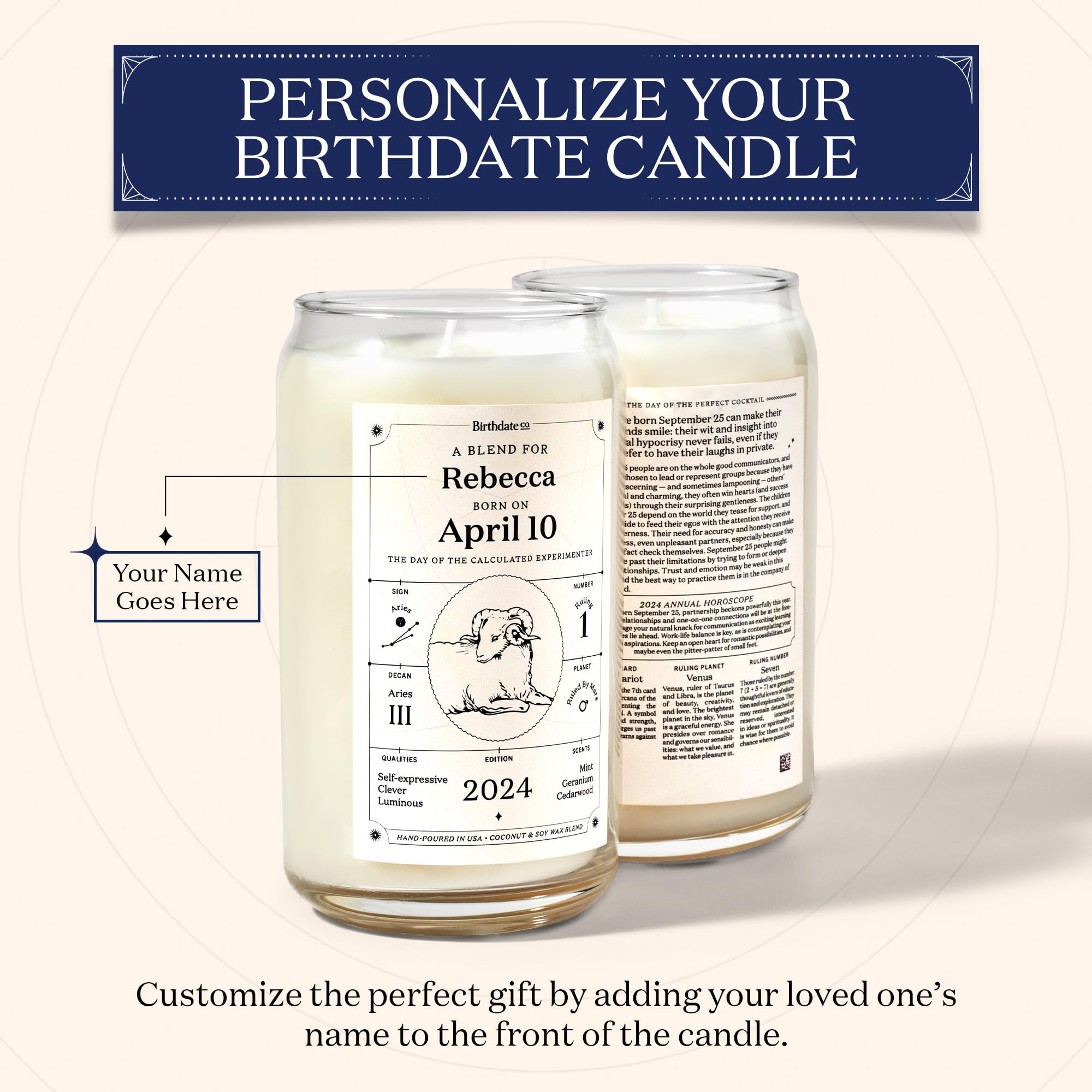 Birthdate Personalized Candle - 13.5oz Long-Lasting Zodiac Scented Candles, Custom Candle Birthday Gift for Women & Men - All-Natural Soy & Coconut Wax Blend, 60-80 Hour Burn Time, Made in USA