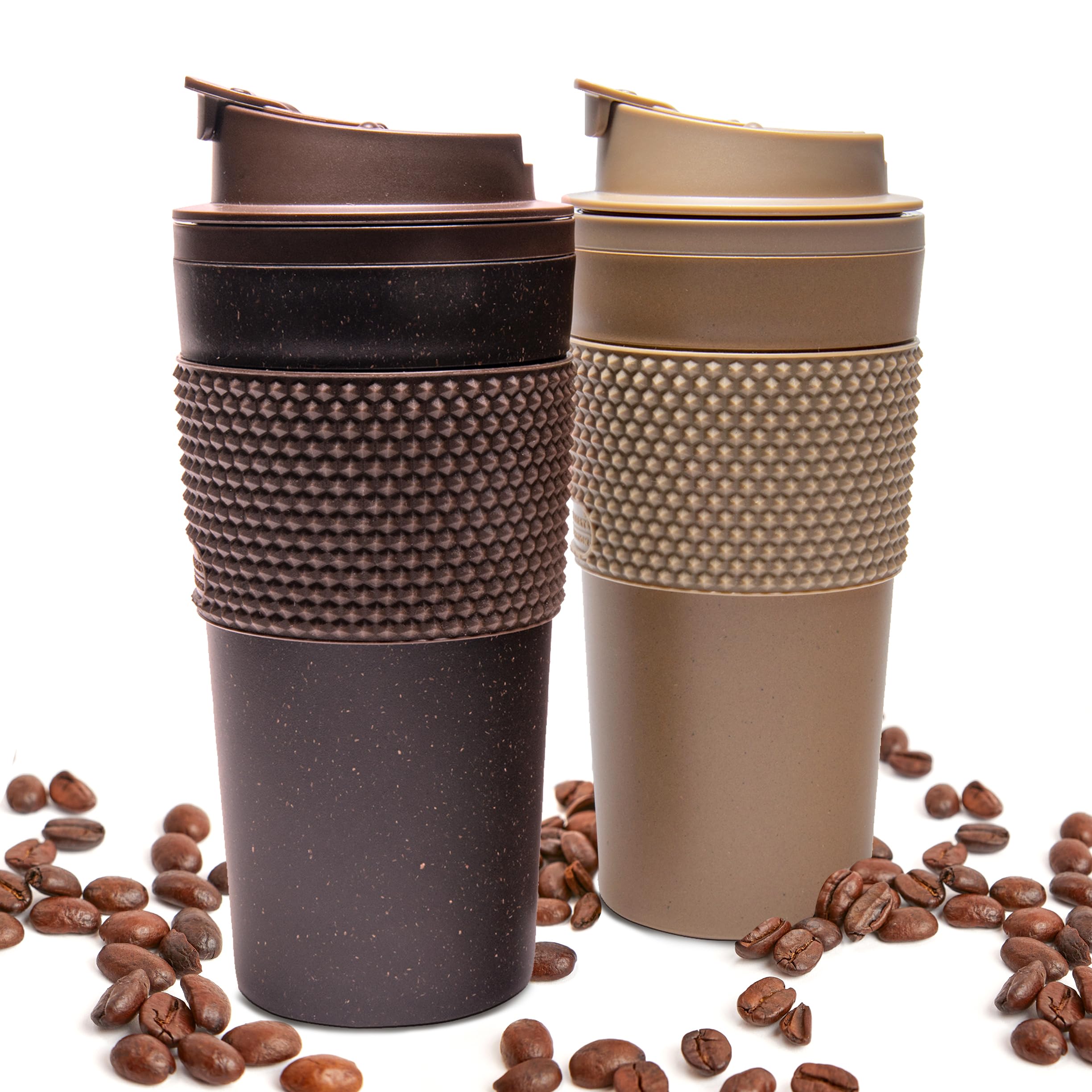 Stephan Roberts 16 oz Coffee Tumbler Set, 2 Pack, Made with Real Coffee Grounds, Detachable & Insulated Double Wall, Cup Holder Ready, Dishwasher and Microwave Safe, Leak Proof Lid, BPA Free, Brown