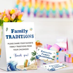 Baby Shower Games Family Traditions Sign, 1 Standing Sign and 50 Cards, Summer Surf Beach Gender Neutral Decoration, Gender Reveal Party, Bridal Shower Favor Supplies-LT22