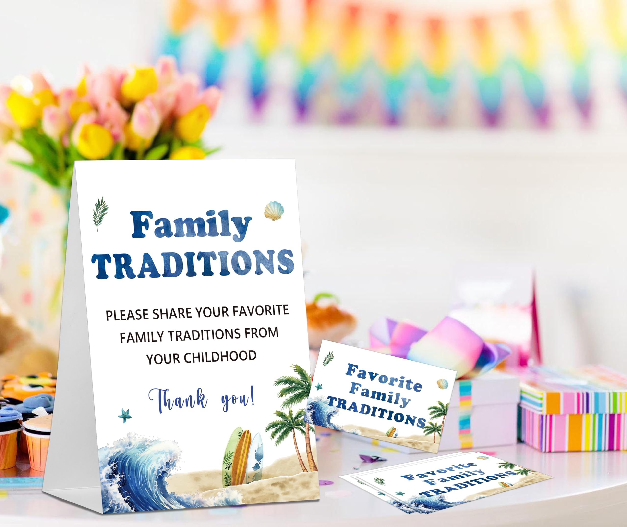 Baby Shower Games Family Traditions Sign, 1 Standing Sign and 50 Cards, Summer Surf Beach Gender Neutral Decoration, Gender Reveal Party, Bridal Shower Favor Supplies-LT22