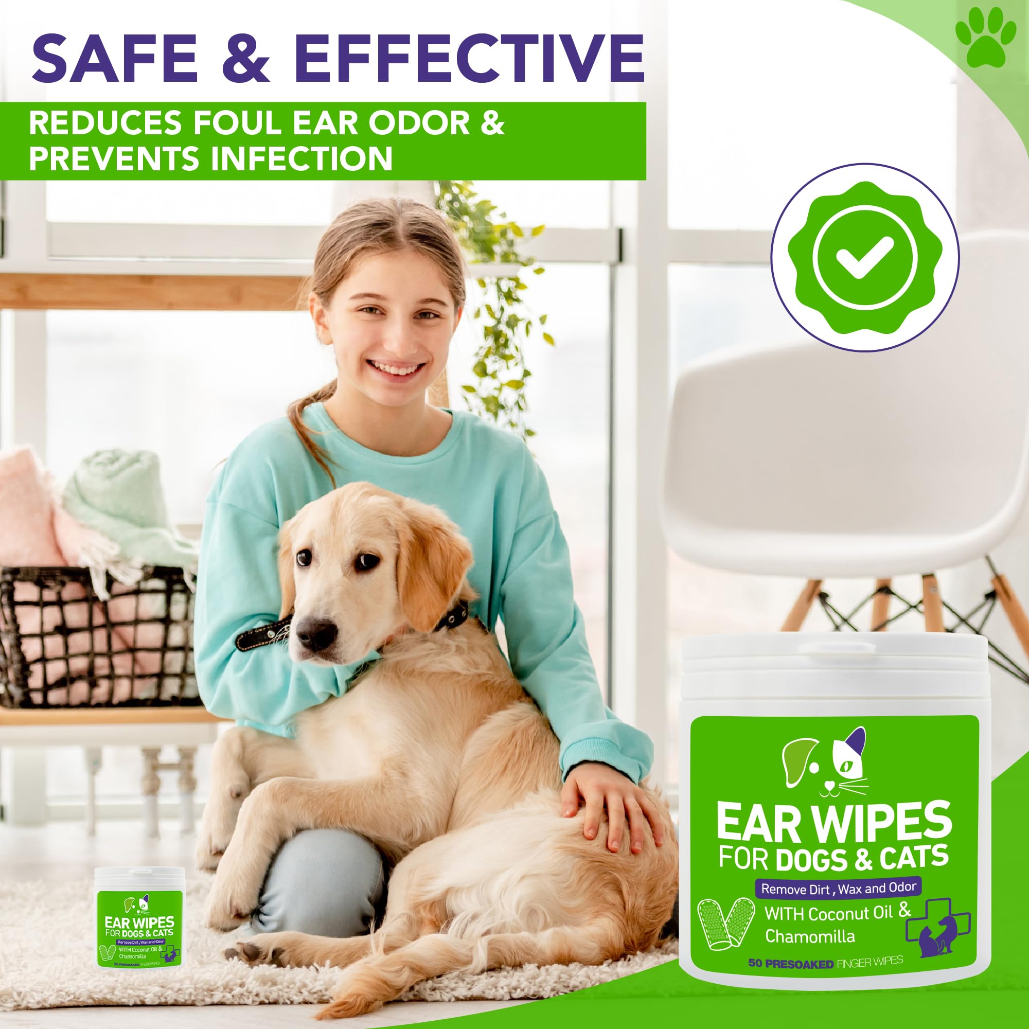 Pet Ear Wipes for Dogs and Cats - Dog Ear Cleaner Wipes, Cleaning and Deodorizing - Remove Debris & Wax, Improve Ear Itching, and Infections - 50 Count Finger Wipes