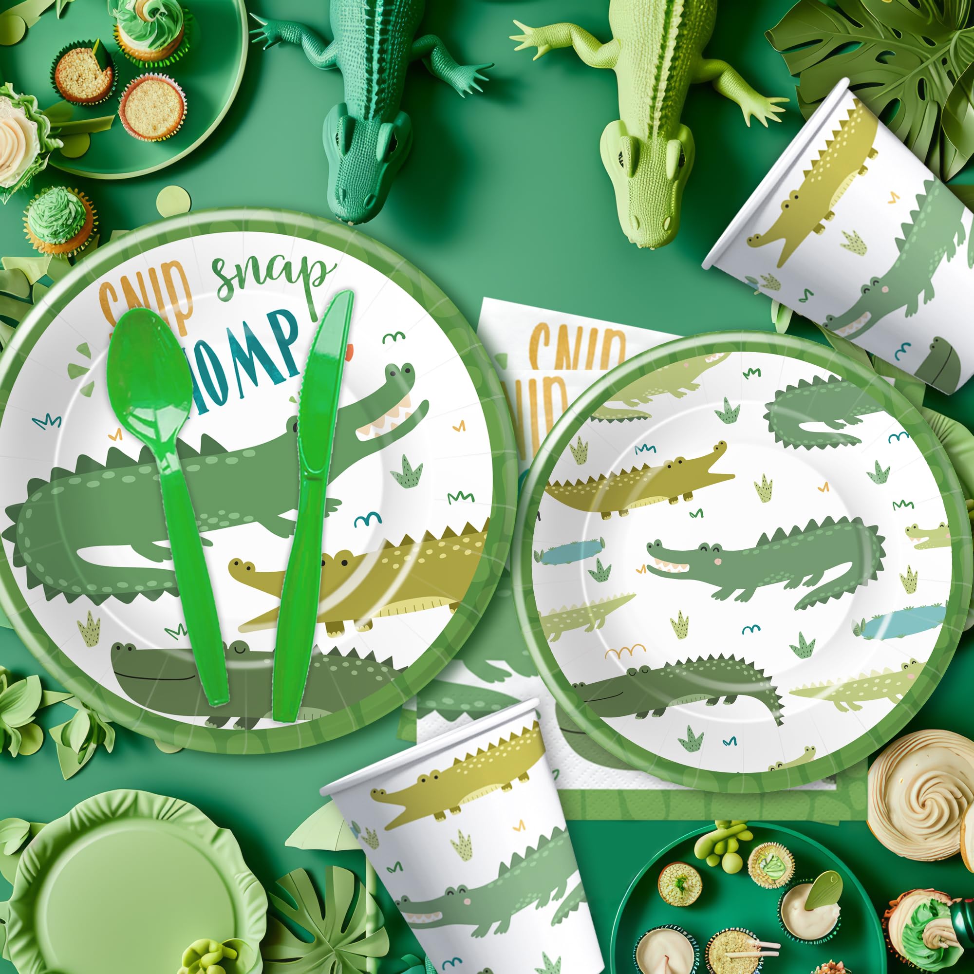 Xigejob Alligator Party Decorations Tableware- Alligator Birthday Party Supplies, Paper Plate, Cup, Napkin, Disposable Cutlery, Reptile Crocodile Party Decorations For Birthday Baby Shower | Serve 24