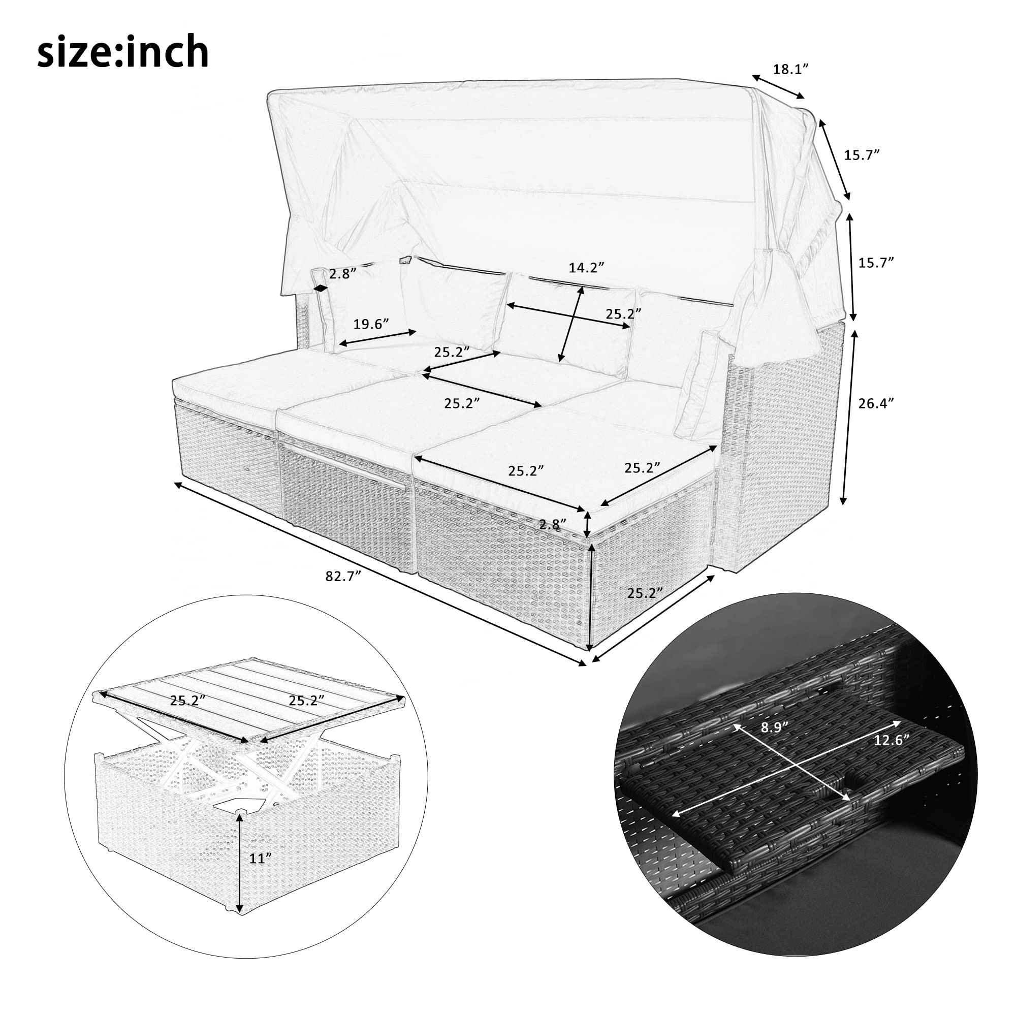 BIADNBZ Outdoor Patio Furniture Sofa Daybed with Retractable Canopy, Lift Up Side Table, Ottoman and Washable Cushions, Wicker Rectangle Couch Sets for Garden Backyard, Grey Rattan&Cushions