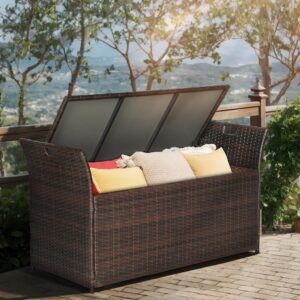 CrownLand 80 Gallon Outdoor Storage Bench with Cushion, Outdoor Wicker Storage Box, Patio Deck Box with Seat, for Garden, Balcony, Poolside (Brown)