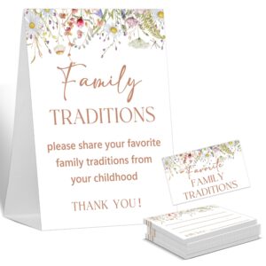 baby shower games family traditions sign, 1 standing sign and 50 cards, boho floral gender neutral decoration, gender reveal party, bridal shower favor supplies-lt18