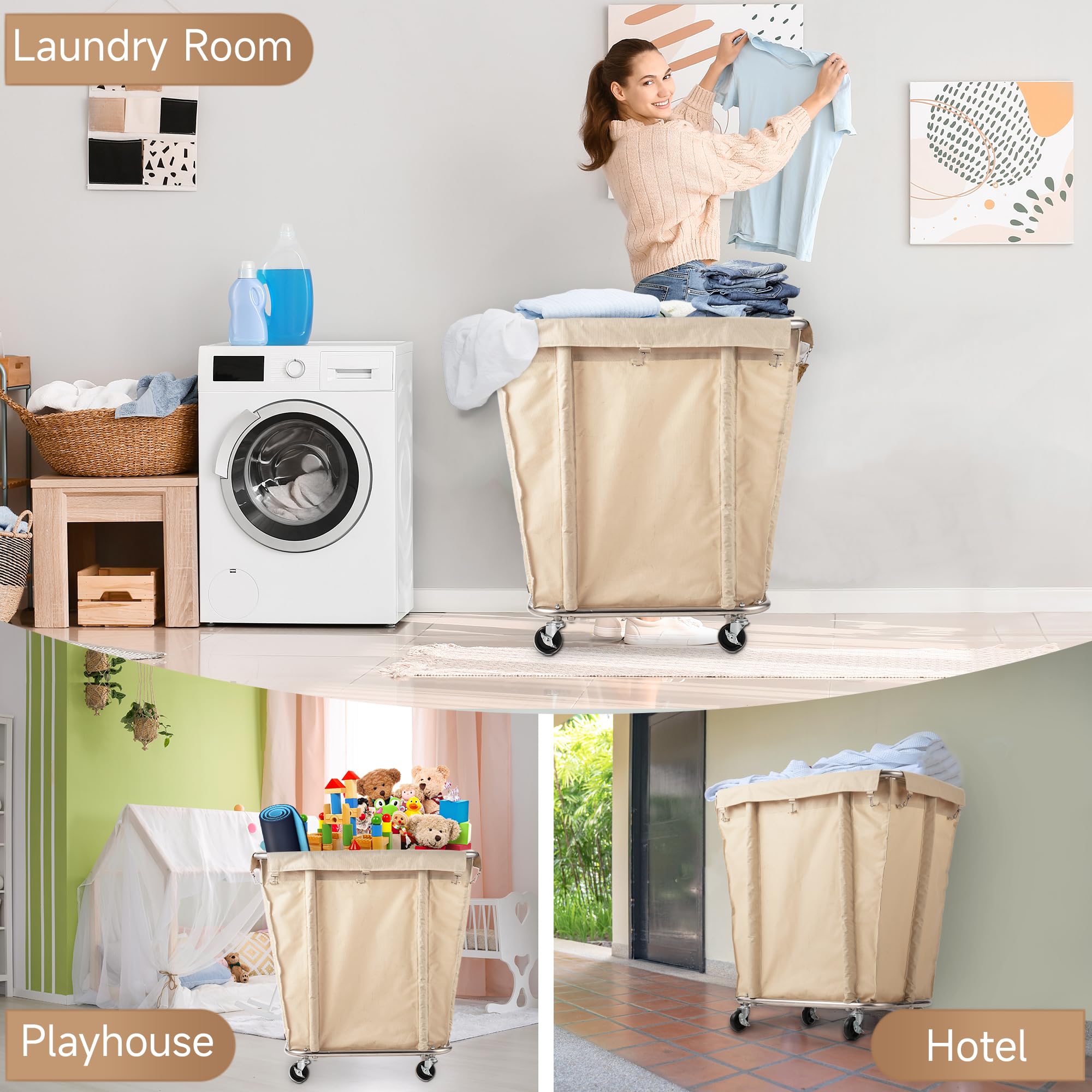 Rengue Laundry Cart with Wheels, 320 L Capacity Commercial Laundry Sorter Rolling Laundry Hamper with Waterproof Oxford Basket and Sturdy Steel Frame, 260 lbs Load, Beige