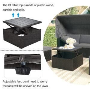 BIADNBZ Outdoor Patio Furniture Sofa Daybed with Retractable Canopy, Lift Up Side Table, Ottoman and Washable Cushions, Wicker Rectangle Couch Sets for Garden Backyard, Grey Rattan&Cushions