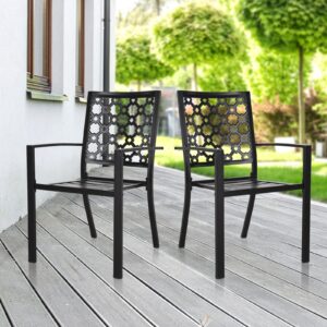 meooem outdoor dining chairs set of 2, stackable patio chairs black wrought iron all weather seating for bistro garden porch backyard