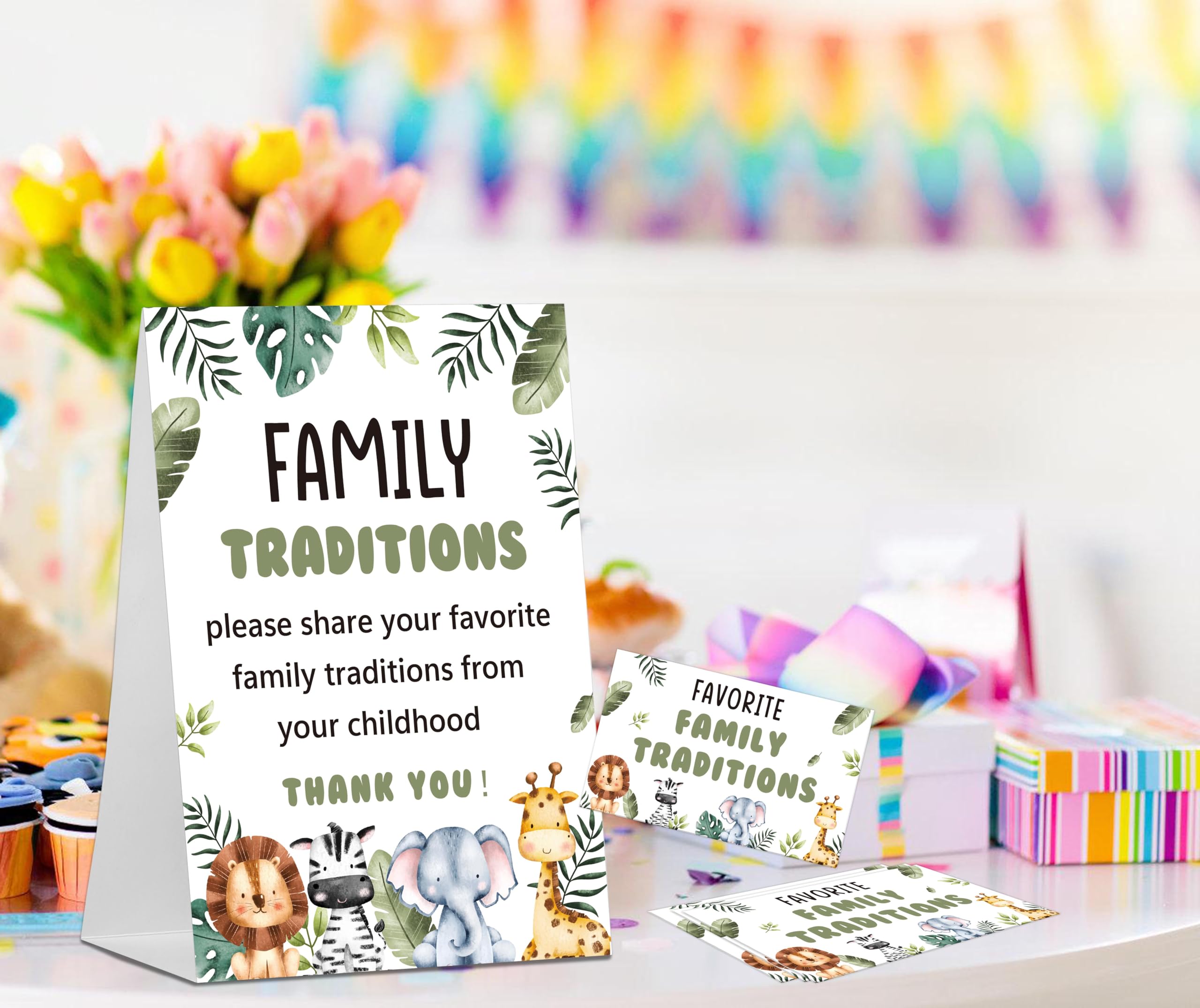 Baby Shower Games Family Traditions Sign, 1 Standing Sign and 50 Cards, Safari Jungle Wild Animal Gender Neutral Decoration, Gender Reveal Party, Bridal Shower Favor Supplies-LT50