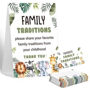 baby shower games family traditions sign, 1 standing sign and 50 cards, safari jungle wild animal gender neutral decoration, gender reveal party, bridal shower favor supplies-lt50