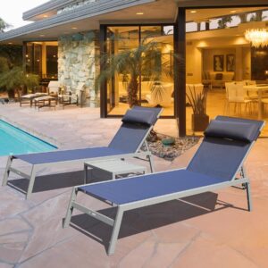 domi outdoor lounge chairs set of 3, upgraded aluminum chaise lounge chair w/ 5 adjustable positions, patio lounge chair for pool, deck, lawn, 2 pool chairs and 1 side table, navy blue