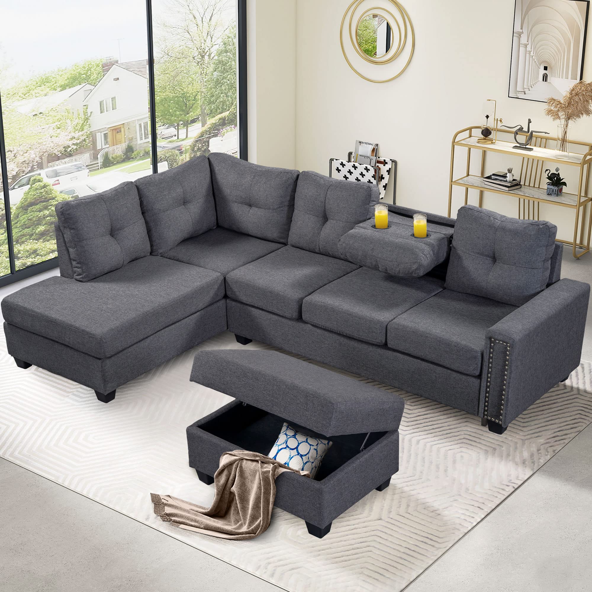 LUMISOL L Shape Sectional Sofa Set with Storage Ottoman for Living Room, Large Modular Sofa Interior Furniture with Rivet Ornament for Apartment Large Space, Gray