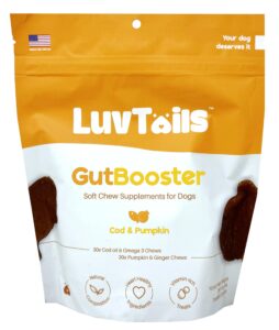 luvtails gut booster soft chew supplements for dogs, dog digestive support with fennel, pumpkin and cod oil promotes healthy gut, 60 chews