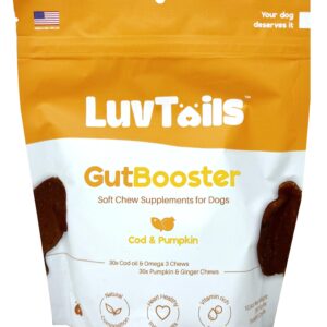 LuvTails Gut Booster Soft Chew Supplements for Dogs, Dog Digestive Support with Fennel, Pumpkin and Cod Oil Promotes Healthy Gut, 60 Chews