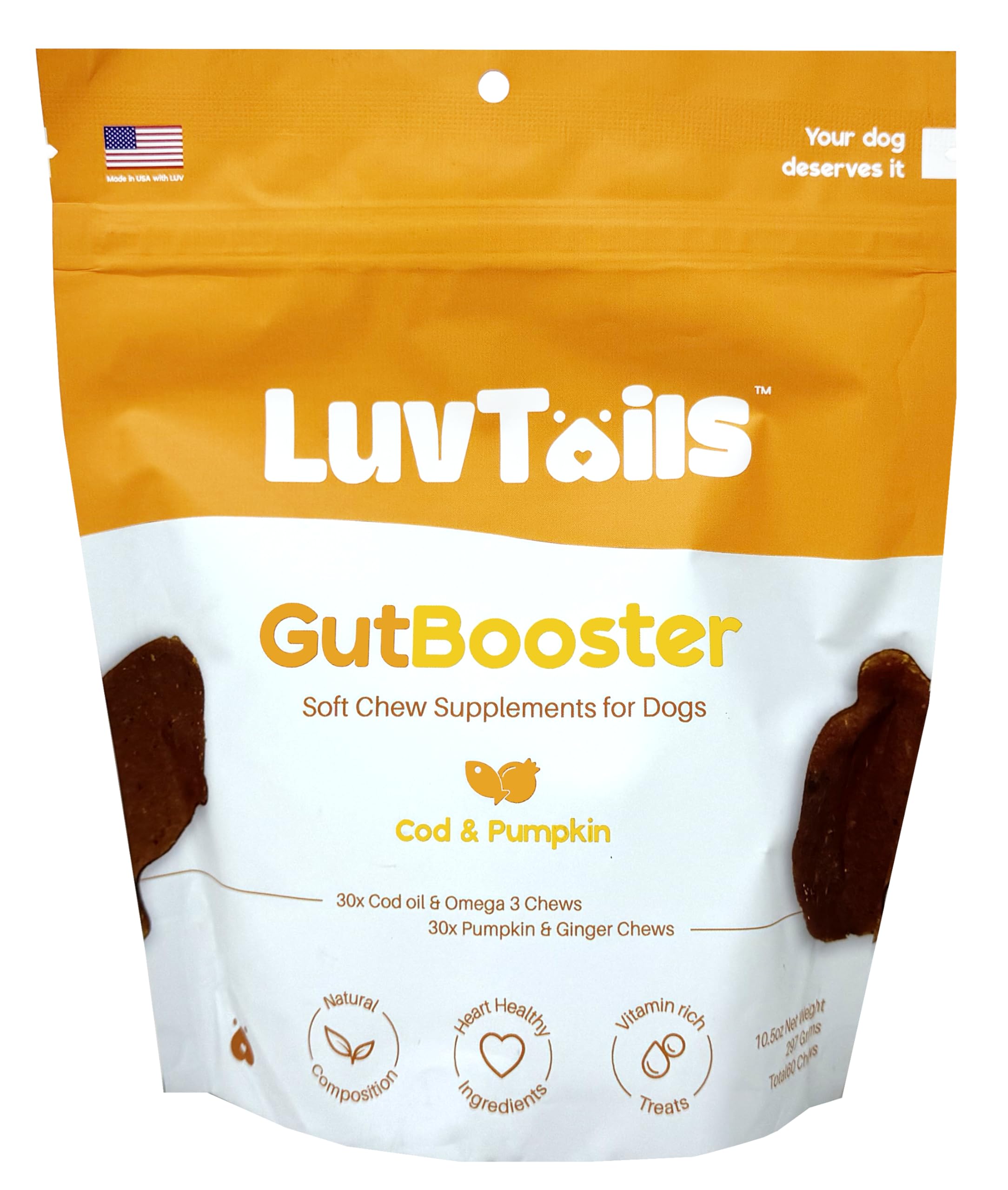 LuvTails Gut Booster Soft Chew Supplements for Dogs, Dog Digestive Support with Fennel, Pumpkin and Cod Oil Promotes Healthy Gut, 60 Chews