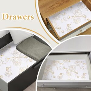 Shelf Liners for Kitchen Cabinets 12in x 20FT Non Adhesive Drawer Liner Gold Floral Thickened Shelf Liner Paper Strong Non-Slip Easy to Clean for Tool Box Refrigerator with Knife and Tape Measure