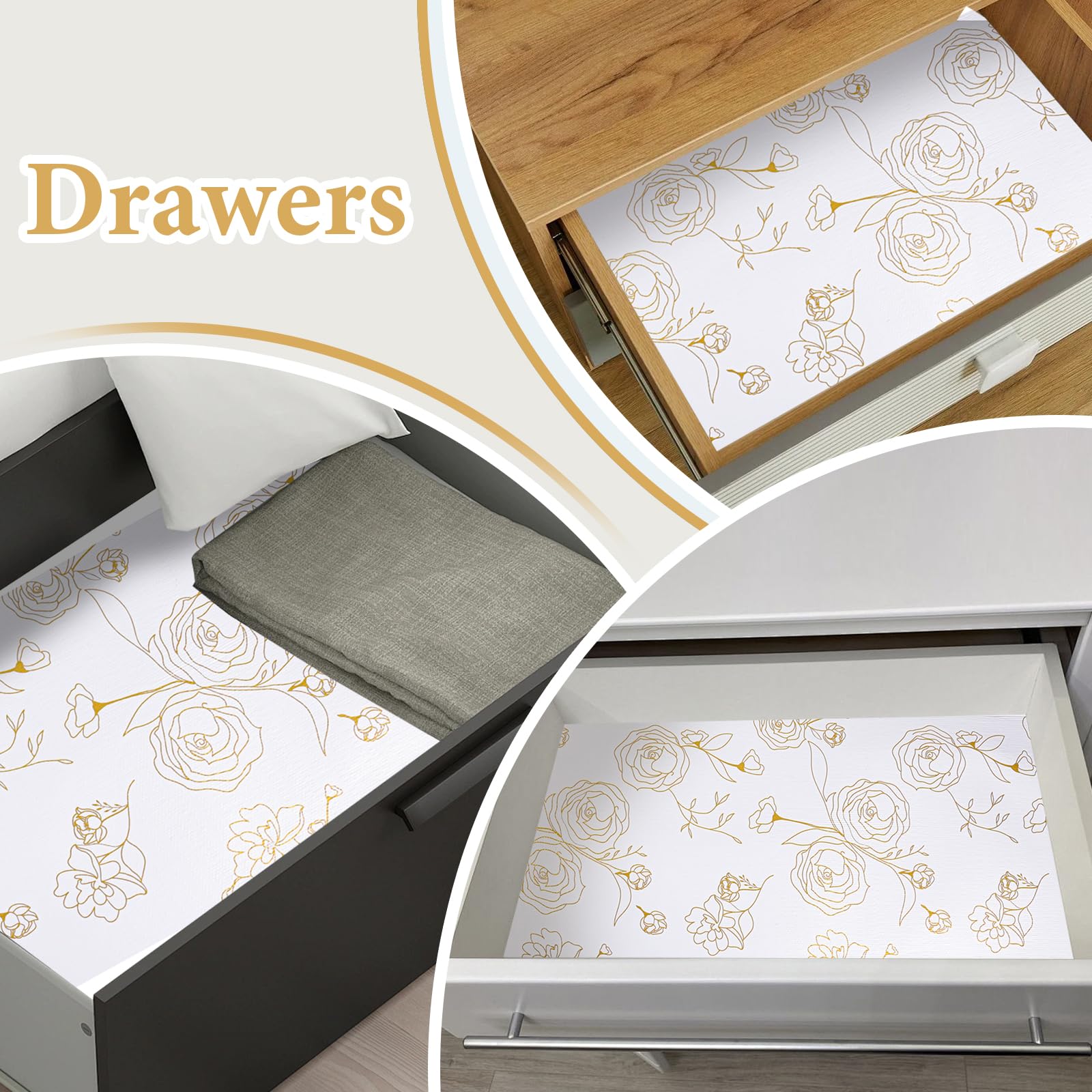 Shelf Liners for Kitchen Cabinets 12in x 20FT Non Adhesive Drawer Liner Gold Floral Thickened Shelf Liner Paper Strong Non-Slip Easy to Clean for Tool Box Refrigerator with Knife and Tape Measure