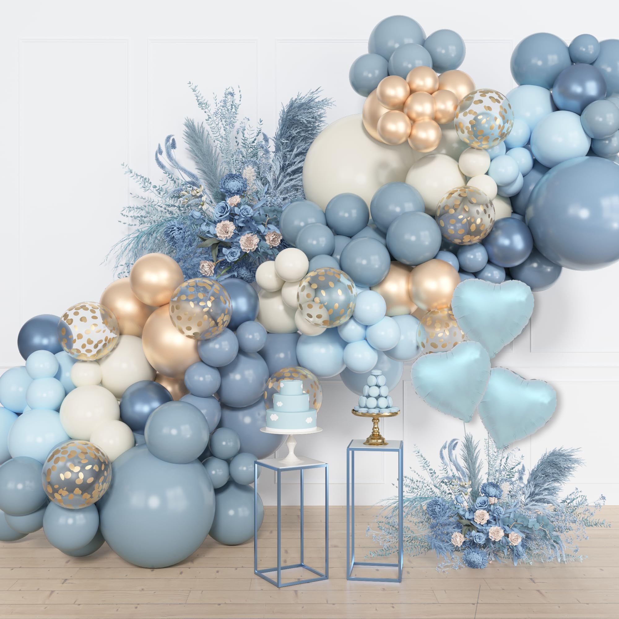 173pcs Dusty Blue Balloons Arch Garland kit, Dusty Baby Blue Sand White Metallic Gold Balloons for Boys Baby Shower Decorations Gender Reveal Wedding Bridal Shower Birthday Party Supplies