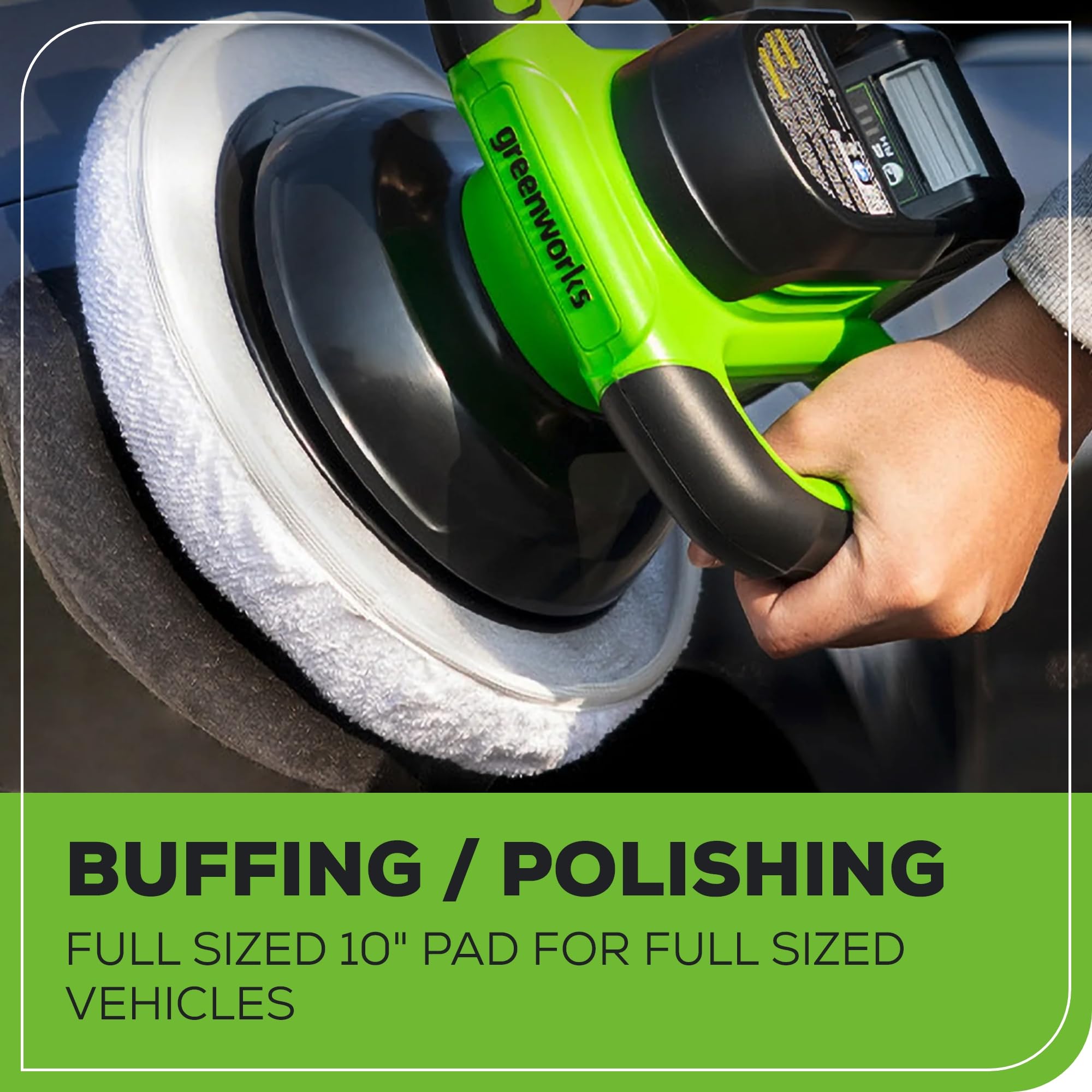 Greenworks 24V Powerful Cordless Car Buffer & Polisher, 10-inch pad 2800 RPM waxing machine with 4 Buffing Bonnets, 2.0Ah Battery & 2A Charger included