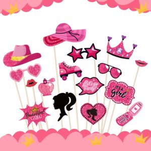 Kristin Paradise 25Pcs Hot Pink Photo Booth Props for Girls Women, Birthday Bachelorette Bridal Shower Theme Selfie Props, Princess Doll Party Supplies, Photography Backdrop Decorations