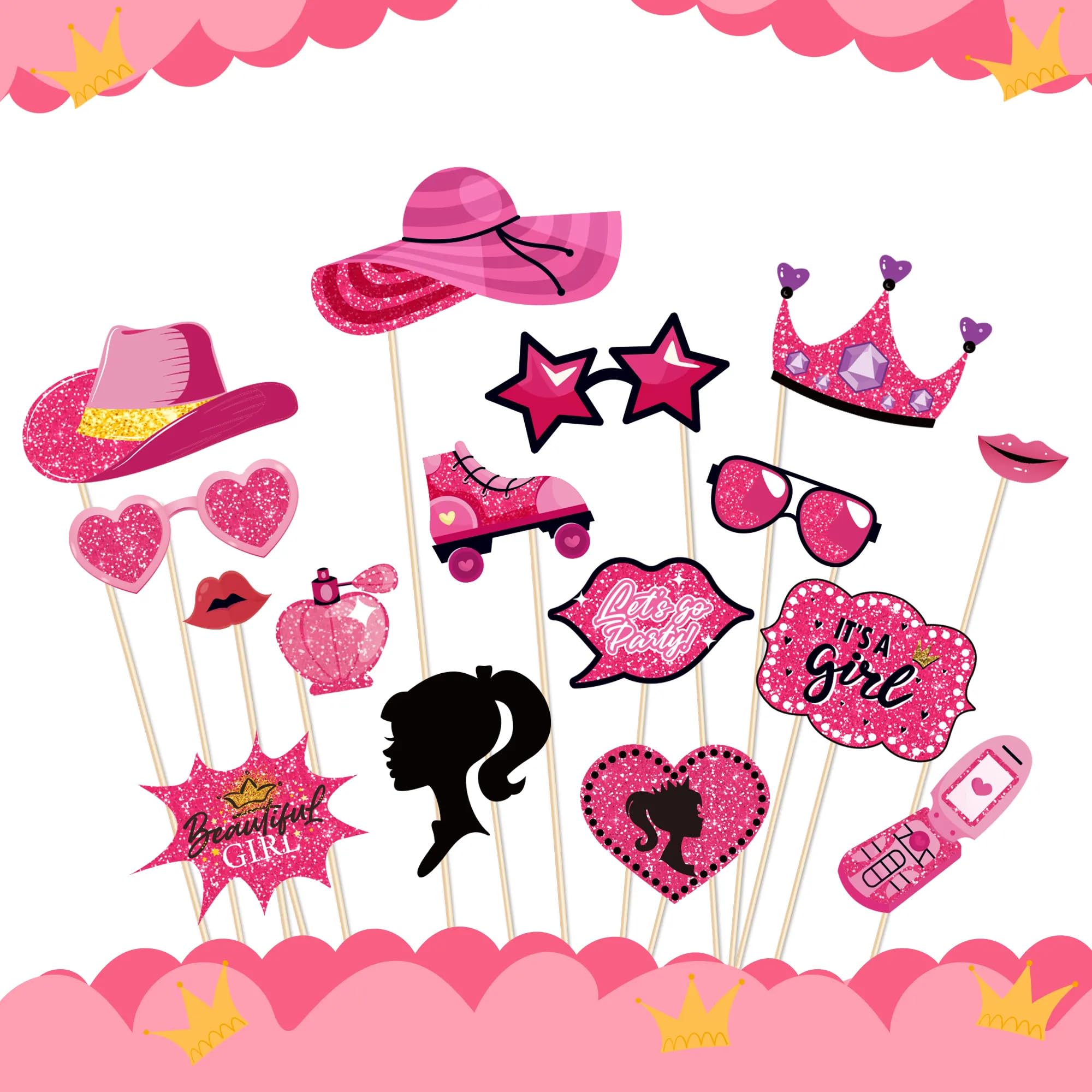 Kristin Paradise 25Pcs Hot Pink Photo Booth Props for Girls Women, Birthday Bachelorette Bridal Shower Theme Selfie Props, Princess Doll Party Supplies, Photography Backdrop Decorations