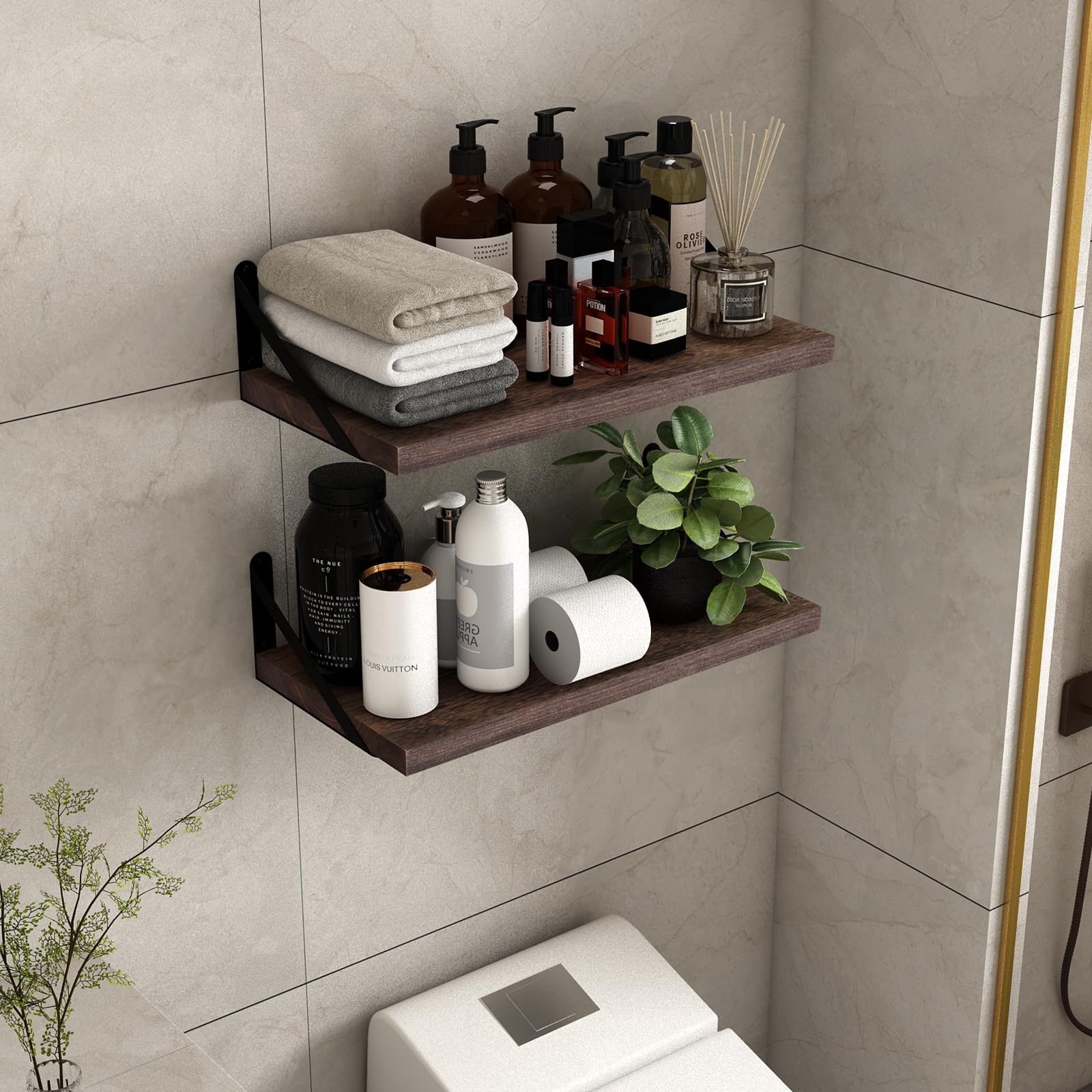 SAUMONIERES Floating Shelves Wall Bookshelf for Bedroom Bathroom Living Room Wood Wall Mounted Wide Deep Storage, Rustic Brown 24 Inch Wall Shelves Set of 2