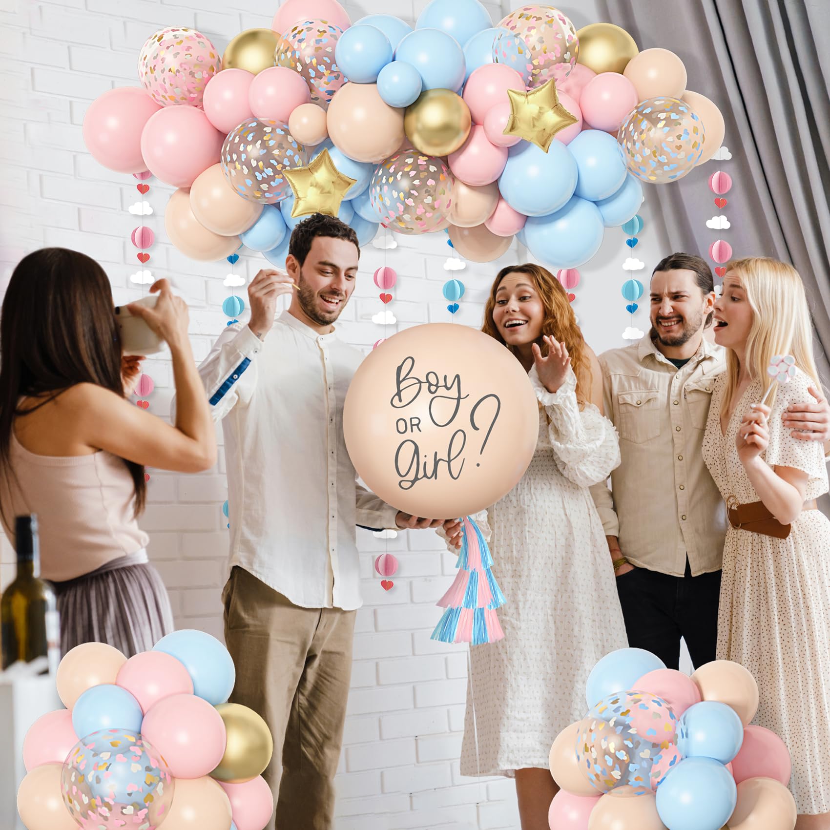 Ouddy Party Gender Reveal Decorations, Pastel Pink and Blue Nude Confetti Balloons Arch Kit Star Hanging Cloud Garland Paper Tassels He or She Boy or Girl Gender Reveal Baby Shower Party Supplies