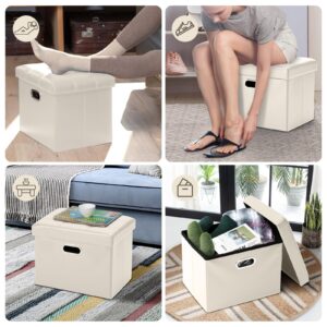 COSYLAND Storage Ottoman Foot Rest - 17x13x13in Leather Ottoman Rectangle Foot Stool Folding Ottoman for Room Dorm Small Collapsible Bench Seat Organizer Entryway Furniture with Handles Lid Beige