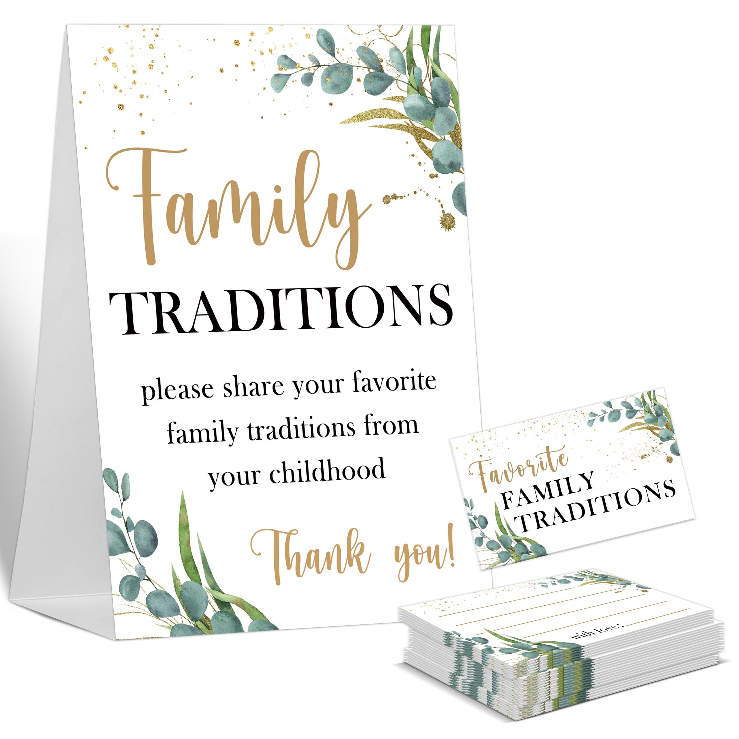 Baby Shower Games Family Traditions Sign, 1 Standing Sign and 50 Cards, Woodland Greenery Gender Neutral Decoration, Gender Reveal Party, Bridal Shower Favor Supplies-LT38