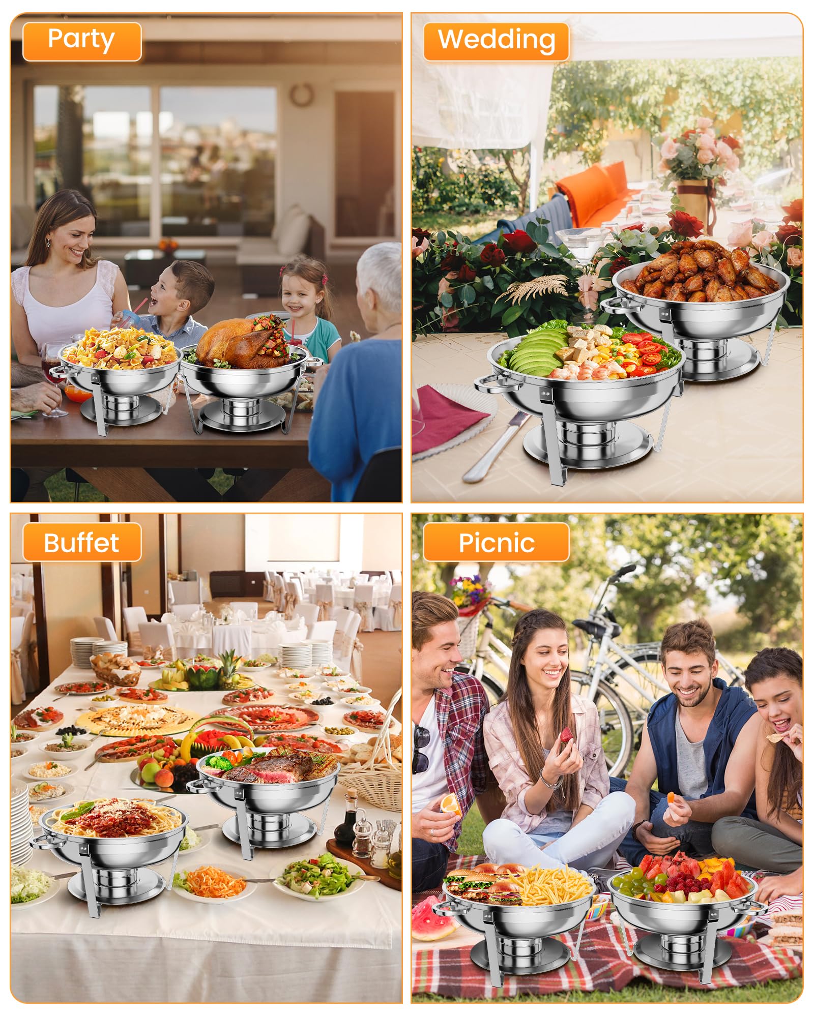 GAOMON 5QT Chafing Dish Buffet Set of 6 Pack, Round Stainless Steel Food Warmers Buffet Servers Sets, Chafer with Food & Water Pan, Lid, Frame, Fuel Holder for Catering and Parties