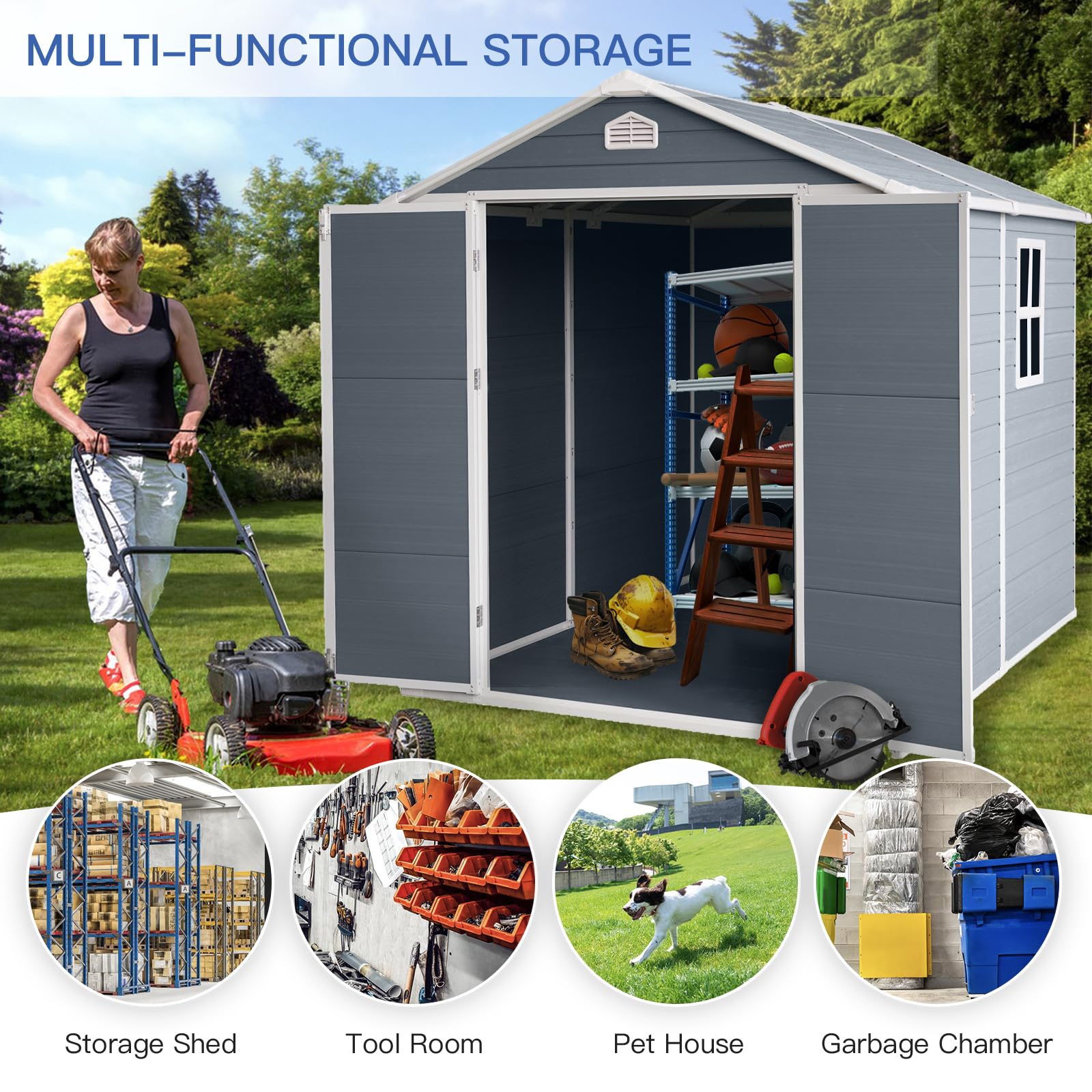 8x6FT Resin Outdoor Storage Shed, with Built-in Air Vent, Practical Window and Protective Cap, Tool House w/Padlock Compatible, 2 Pairs of Gloves, Waterproof & UV Protection, Grey