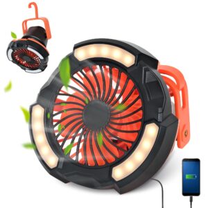 10400mah camping fan with led lantern, battery operated powered fan with hang hook, mobile power bank, 180°head rotation, rechargeable fan portable for picnic, barbecue, fishing, travel, home (orange)