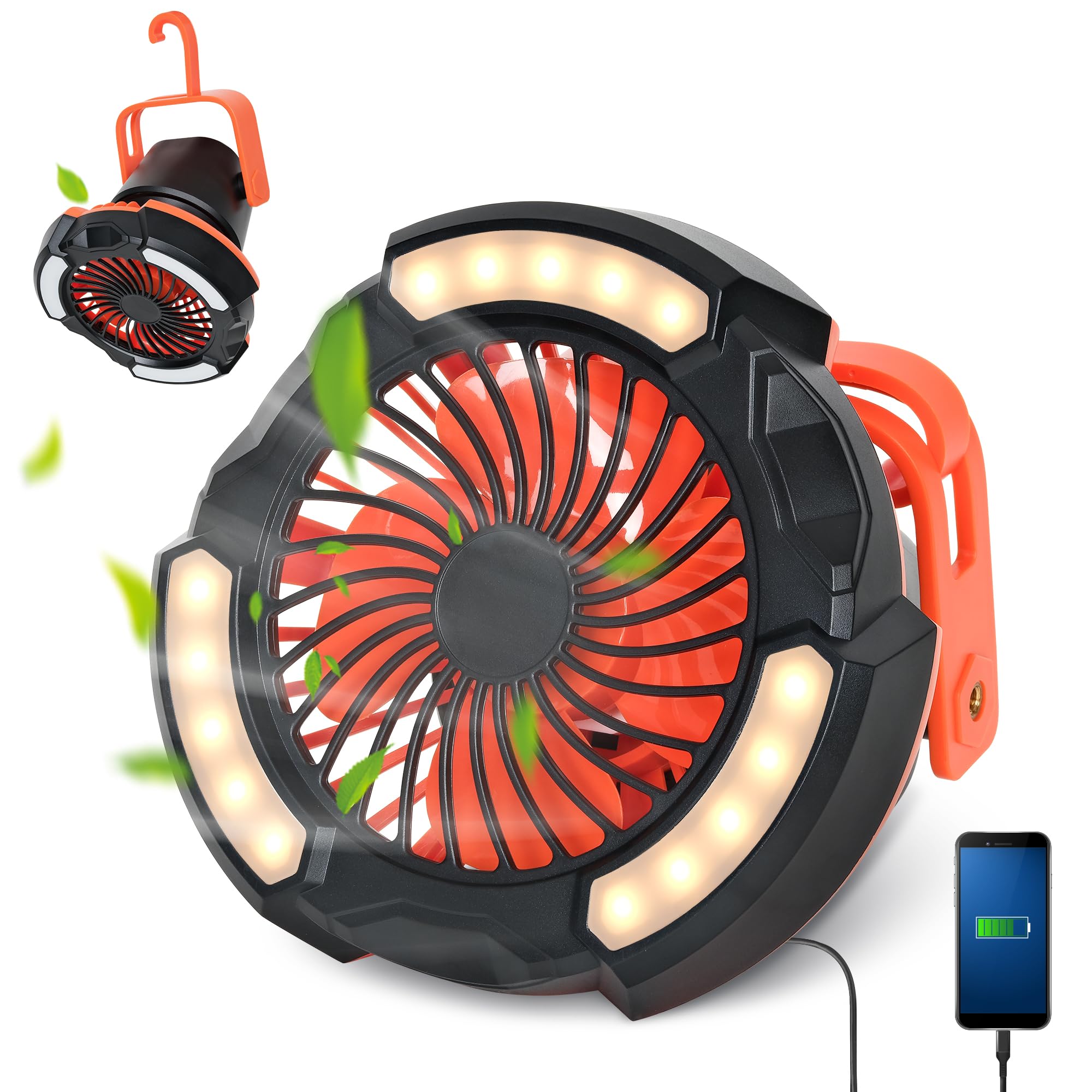 10400mAh Camping Fan with LED Lantern, Battery Operated Powered Fan with Hang Hook, Mobile Power Bank, 180°Head Rotation, Rechargeable Fan Portable for Picnic, Barbecue, Fishing, Travel, Home (Orange)