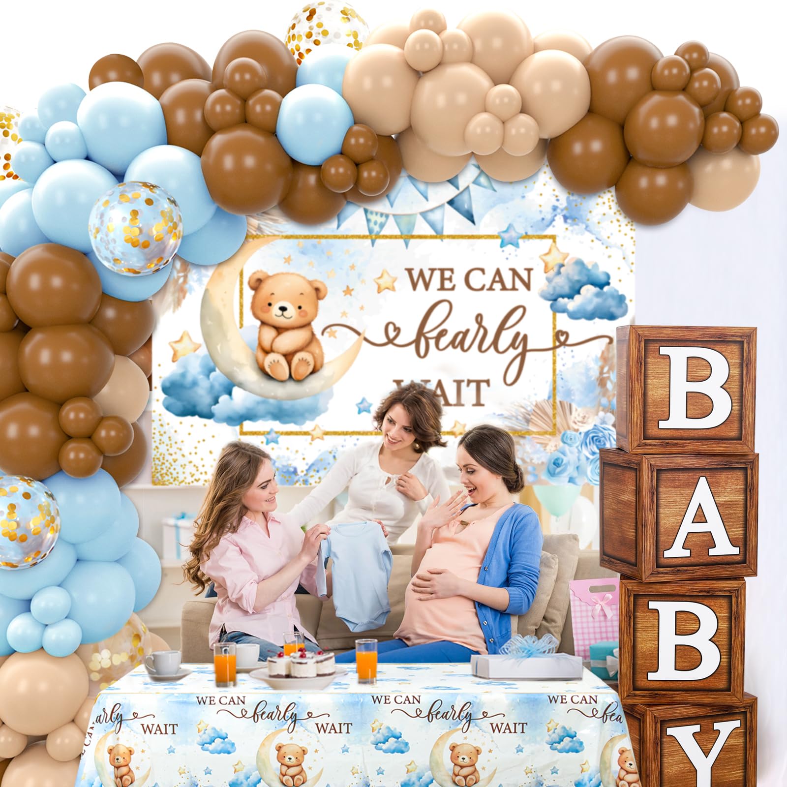 DataMoon We Can Bearly Wait Baby Shower Decorations - Baby Boxes with Letters,Boho Balloons,We Can Bearly Wait Backdrop,Tablecloth for Teddy Bear Baby Shower,Birthday Supplies,Gender Reveal