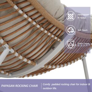 Naga Bahna Royal Rocking Chair, Outdoor Rocking Papasan Chair with Padded Beige Cushion Rocker Recliner Chair, Oversized Metal White Frame Rattan Egg Chair for Patio, Porch, Living Room