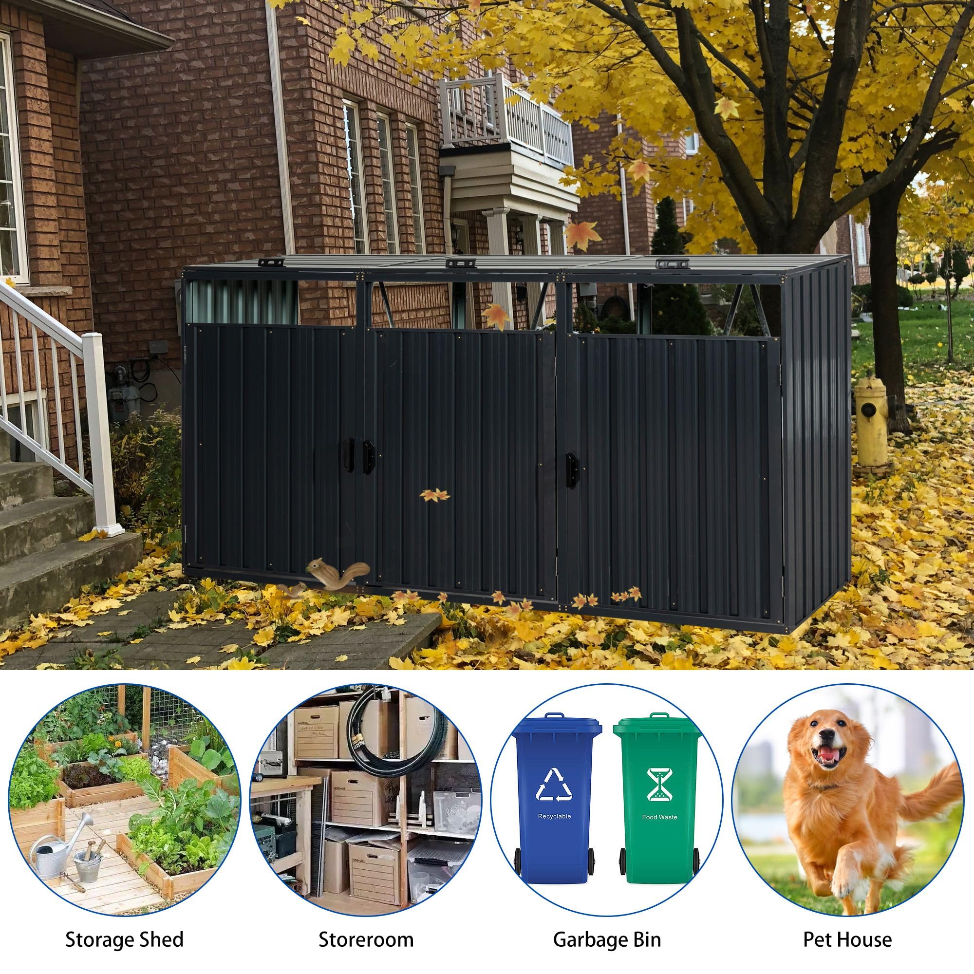 SPOFLYINN Garbage Bin Shed, Stainless Galvanized Steel Bin Shed Stores 2pcs / 3pcs Trash Cans, Outdoor Bin Shed for Garden Yard Lawn Black 3 Trash Cans One Size