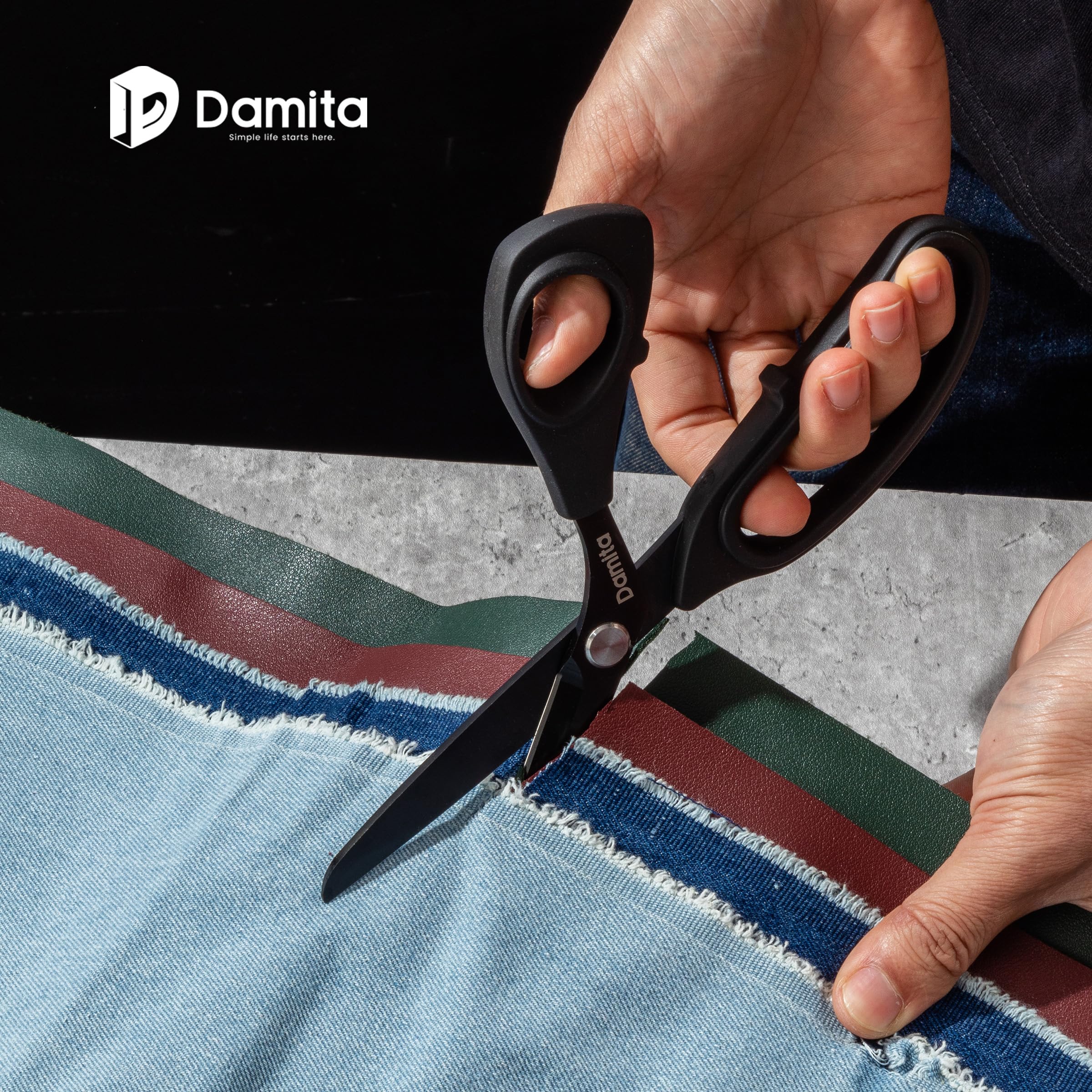 Damita 8.5" Fabric Scissors - Black Titanium Coated, Heavy Duty Premium Forged Sewing Scissors With TPR Grip Handles for Tailor, Leather, Dressmaking, Office and More