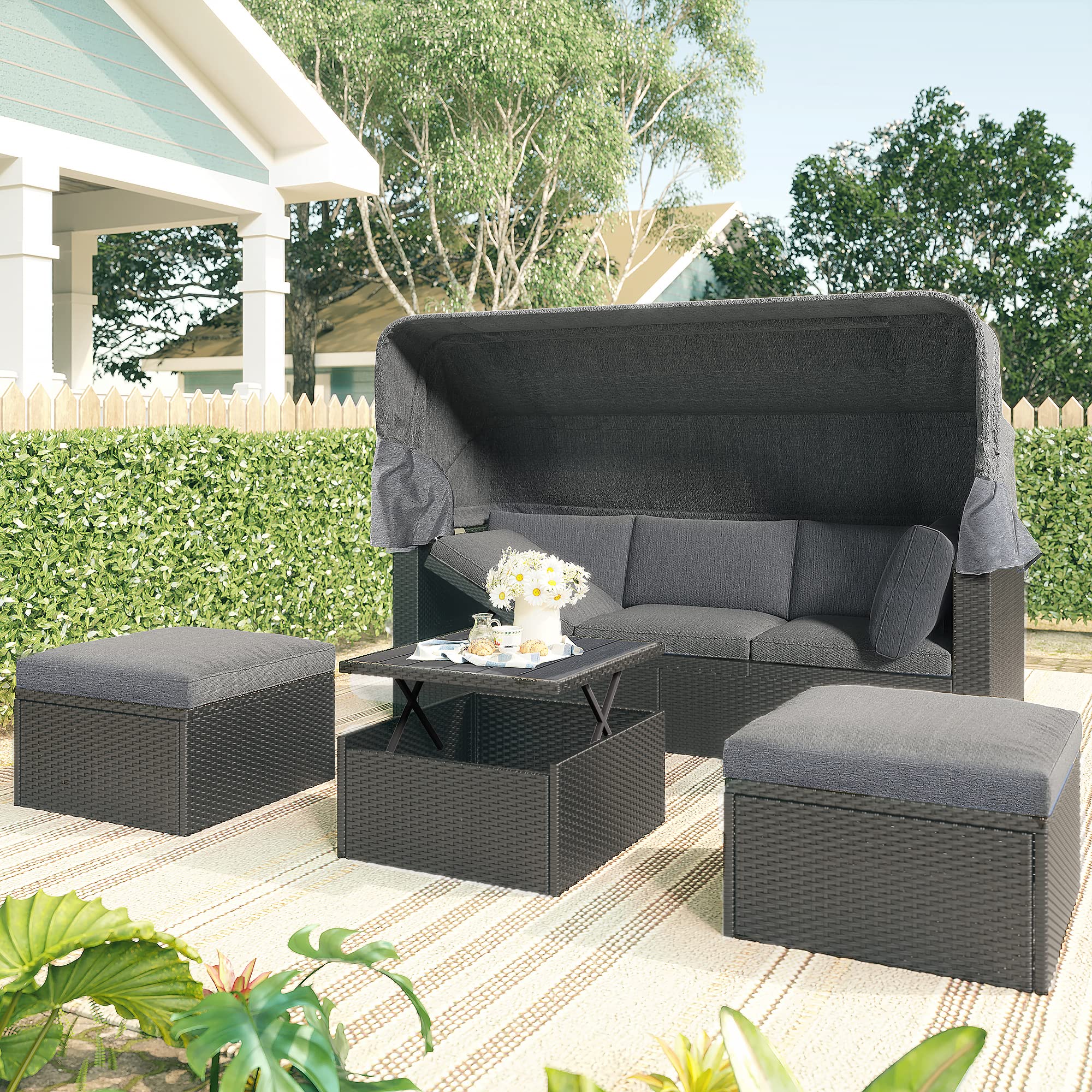 BIADNBZ Outdoor Patio Furniture Sofa Daybed with Retractable Canopy, Lift Up Side Table, Ottoman and Washable Cushions, Wicker Rectangle Couch Sets for Garden Backyard, Grey Rattan&Cushions