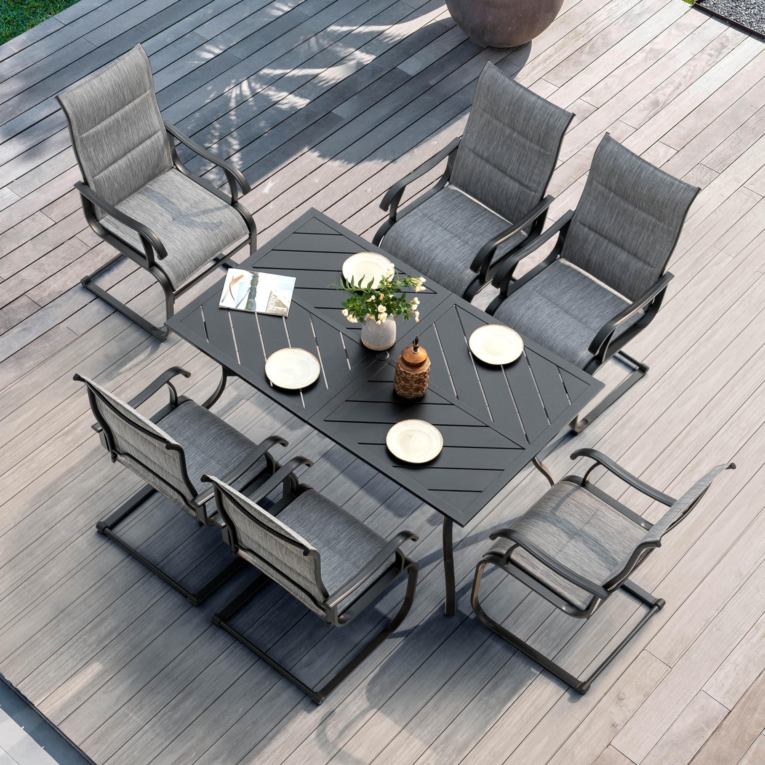 NUU GARDEN 7 Piece Outdoor Dining Set, 6 All Weather Padded Textilene Patio Chairs and 61" Rectangular Dining Table with 1.77" Umbrella Hole, for Garden, Patio, Light Grey and Black