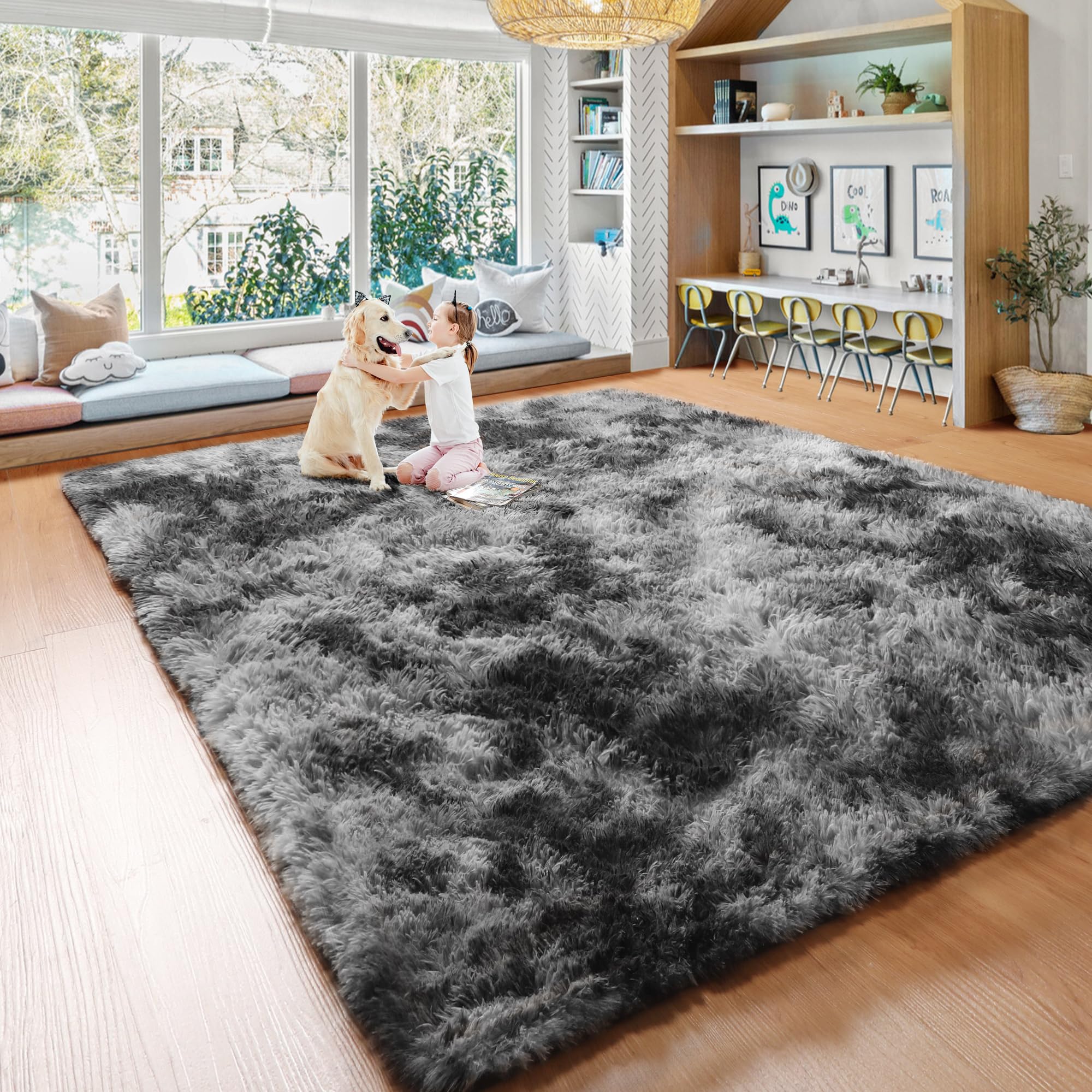 SAZAMI Fluffy Soft Shag Area Rug 4x6 Tie-Dye Dark Grey Fuzzy Non-Slip Accent Rug for Bedroom, Small Thick Throw Rugs for Nursery Playroom Dorm, Home Modern Plush Furry Carpet Decor for Kids Teen Baby