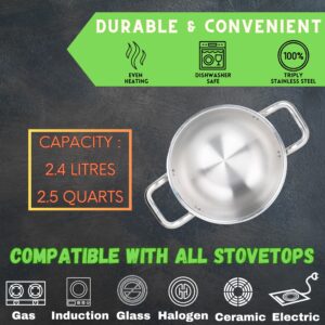 WG inc TRIPLY Stainless Steel Kadhai with Lid - Tri-Ply Wok Cookware - Sauces, Stews, Deep Frying Saute Pan Induction Friendly - Dishwasher Safe (9.5" Dia) (2.5 QT / 2.4 Litres)