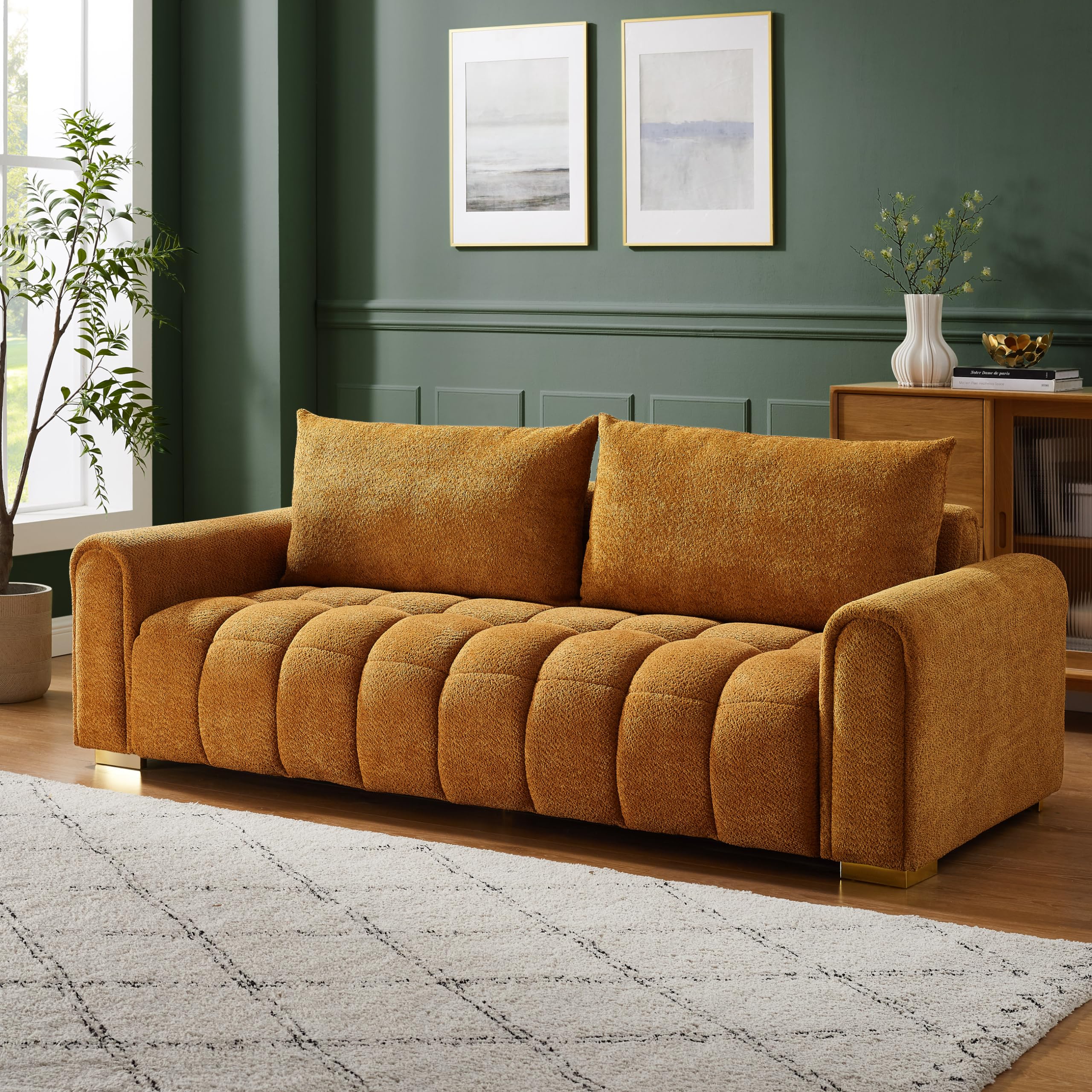 VANOMi 87" Loveseat Sofa, Comfortable Thick Cushion Living Room Couch, Easy-to-Install Apartment Sofa Couch, Boucle, Curry