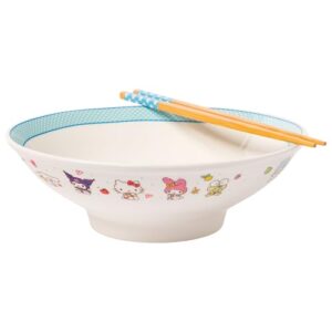 silver buffalo hello kitty and friends little twin stars, pompompurin, pochacco, cinnamoroll, kuromi, my melody, and keroppi ceramic ramen noodle rice bowl with chopsticks, microwave safe, 30 ounces