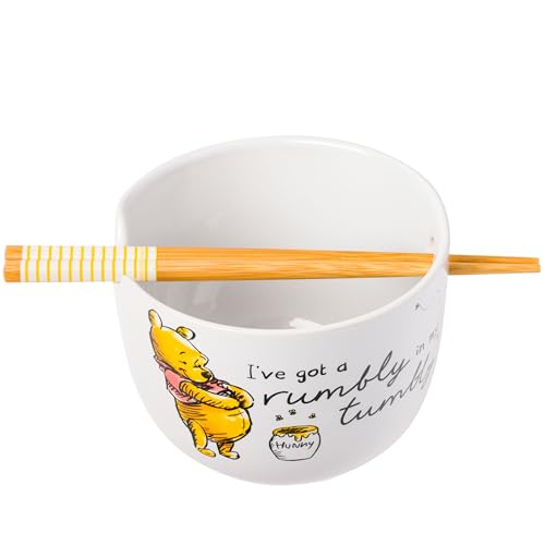 Silver Buffalo Disney Winnie the Pooh Rumbly in My Tumbly Ceramic Ramen Noodle Rice Bowl with Chopsticks, Microwave Safe, 20 Ounces