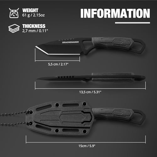 DRACHENADER Neck Knife, Tanto Small Fixed Blade Knife 5cr13mov Stainless Steel Neck Knife with Sheath and Necklace Plactic Mini Small Edc Knife for Men and Women, Full Black