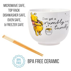 Silver Buffalo Disney Winnie the Pooh Rumbly in My Tumbly Ceramic Ramen Noodle Rice Bowl with Chopsticks, Microwave Safe, 20 Ounces