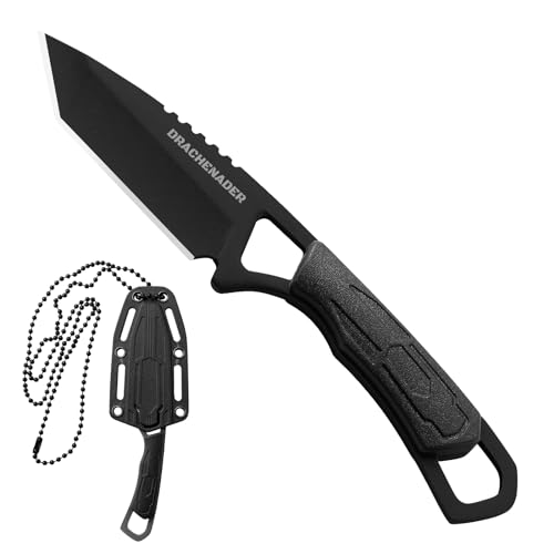 DRACHENADER Neck Knife, Tanto Small Fixed Blade Knife 5cr13mov Stainless Steel Neck Knife with Sheath and Necklace Plactic Mini Small Edc Knife for Men and Women, Full Black